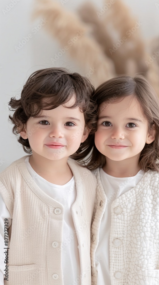 Twin Children in Cozy Neutral Outfits Smiling Indoors on a Bright Day Twin Children in Cozy Neutral Outfits Smiling Indoors on a Bright Day