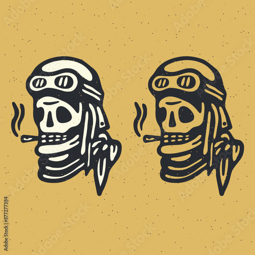Traditional tattoo flash rider skull with cigarette. Vector illustration on grunge texture background