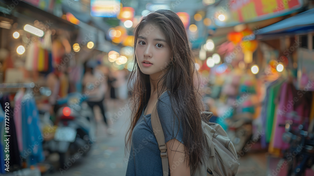 young cute Thai female with long hair, walking down asian market, vibrant background,generative ai young cute Thai female with long hair, walking down asian market, vibrant background,generative ai