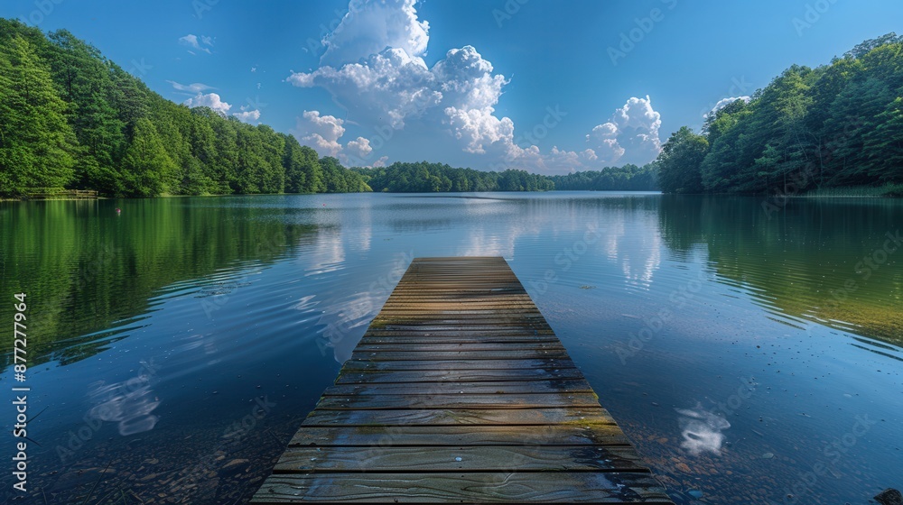 Serene Lake View with Dock under Scattered Clouds - Peaceful Waterfront Landscape Image Serene Lake View with Dock under Scattered Clouds - Peaceful Waterfront Landscape Image