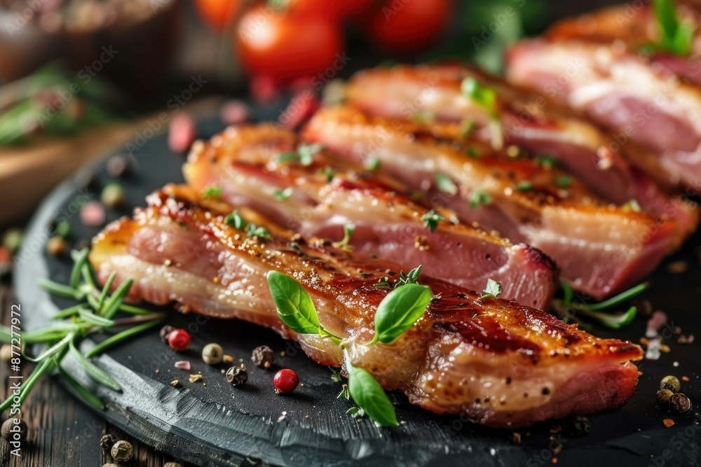 Delicious bacon sizzling with herbs and spices, making a mouthwatering culinary delight Delicious bacon sizzling with herbs and spices, making a mouthwatering culinary delight