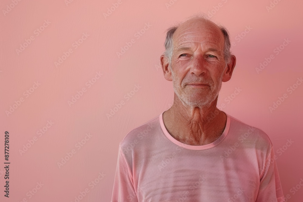 Portrait of a content caucasian man in his 60s sporting a breathable mesh jersey isolated on solid pastel color wall Portrait of a content caucasian man in his 60s sporting a breathable mesh jersey isolated on solid pastel color wall