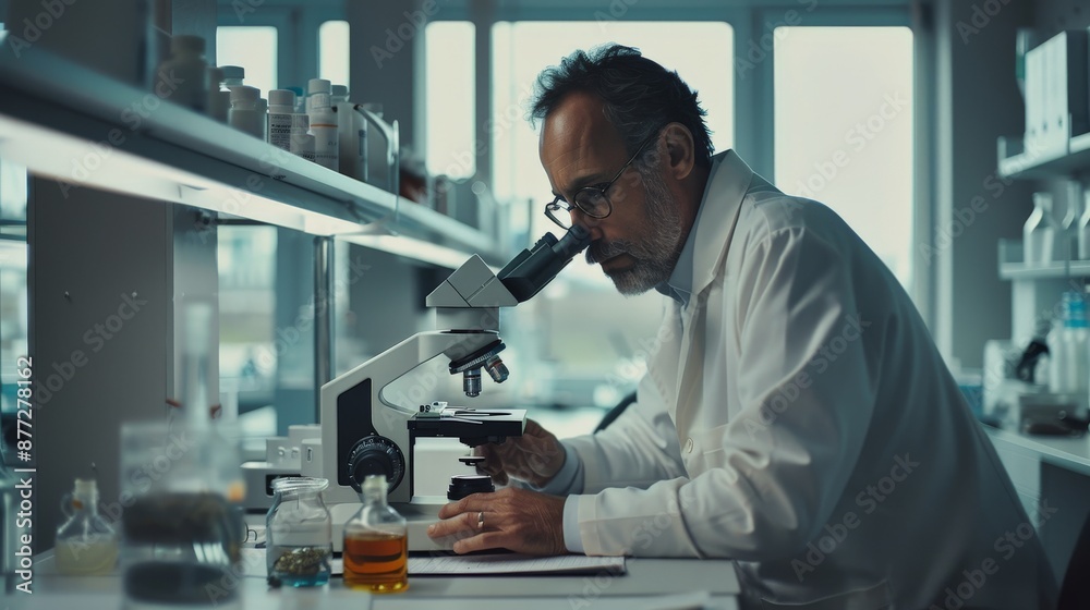 A scientist in a white coat looks through a microscope in a scientific laboratory. A scientist in a white coat looks through a microscope in a scientific laboratory.