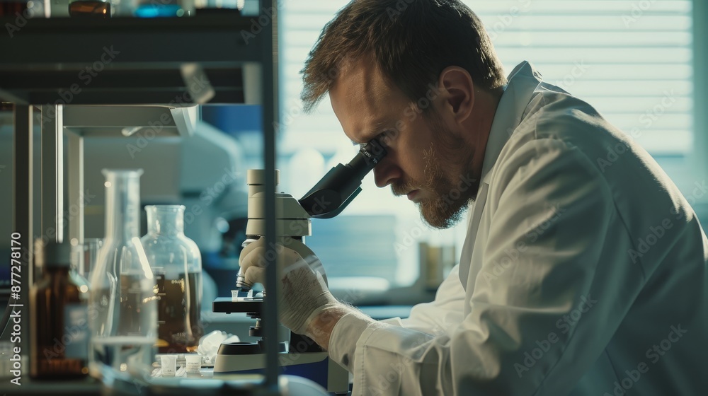 A scientist in a white coat looks through a microscope in a scientific laboratory. A scientist in a white coat looks through a microscope in a scientific laboratory.