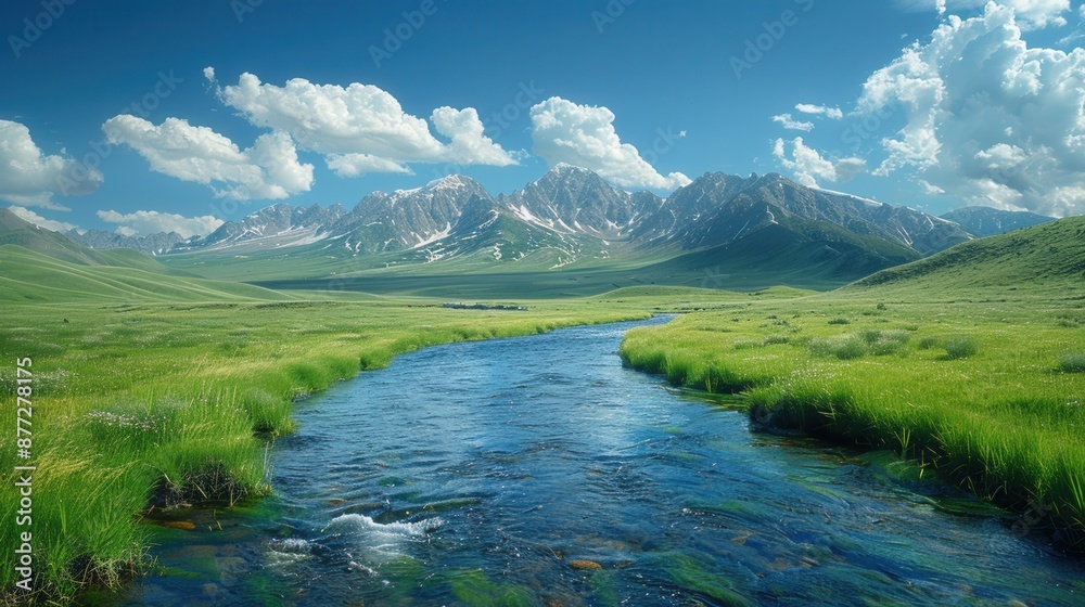 Obraz premium Tranquil Mountain Landscape with River and Cloud Shadows