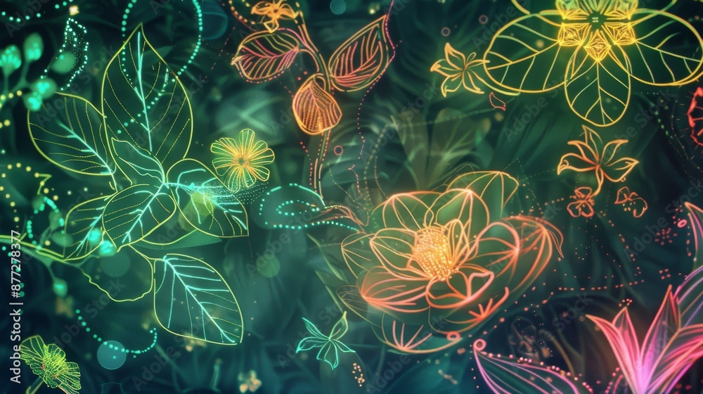 Botanical illustrations lit with neon, highlighting the sacred geometry ...
