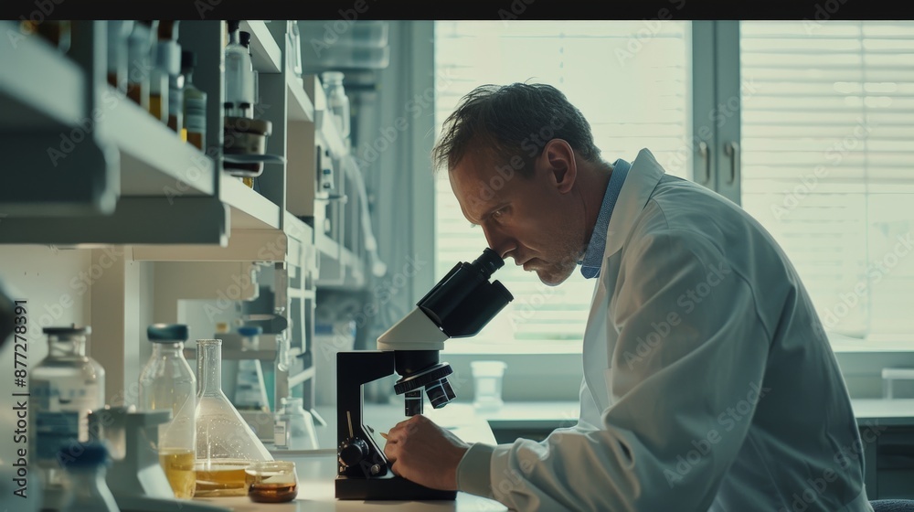 A scientist in a white coat looks through a microscope in a scientific laboratory. A scientist in a white coat looks through a microscope in a scientific laboratory.