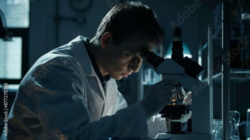 A scientist in a white coat looks through a microscope in a scientific laboratory. photo