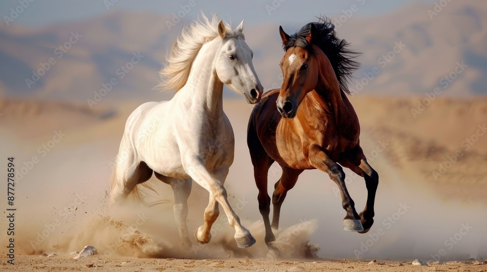 Fototapeta premium Stallions fighting in desert