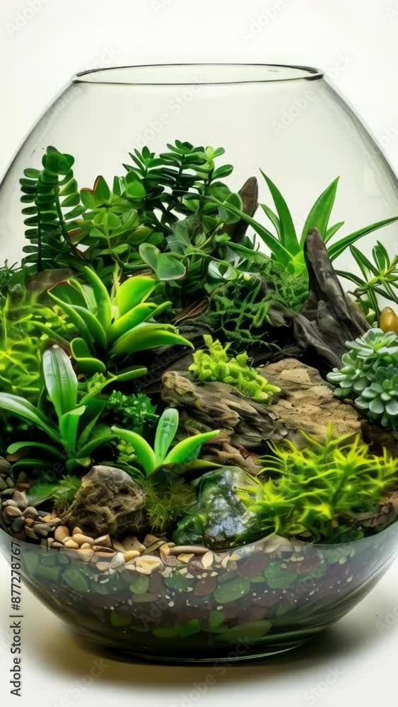 A glass bowl filled with plants and decorative rocks A glass bowl filled with plants and decorative rocks