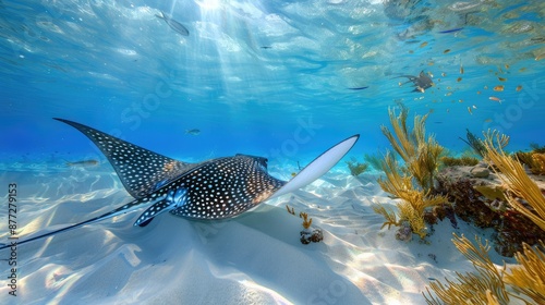 Effortless Flight A Spotted Eagle Ray glides with mesmerizing grace over the sandy bottom of a Caribbean reef photo