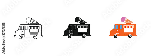 ice cream truck icon set, outline design, solid, and colored, editable vector eps 10.