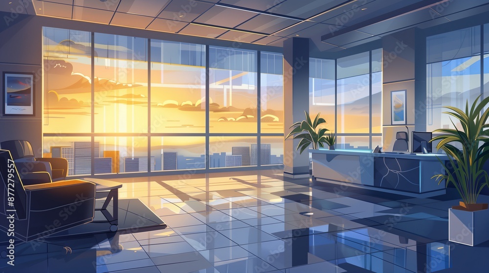 A beautiful modern office interior in gray and blue tones, illustrated in a vibrant cartoon style, featuring large panoramic windows and glass partitions, bathed in the golden rays A beautiful modern office interior in gray and blue tones, illustrated in a vibrant cartoon style, featuring large panoramic windows and glass partitions, bathed in the golden rays