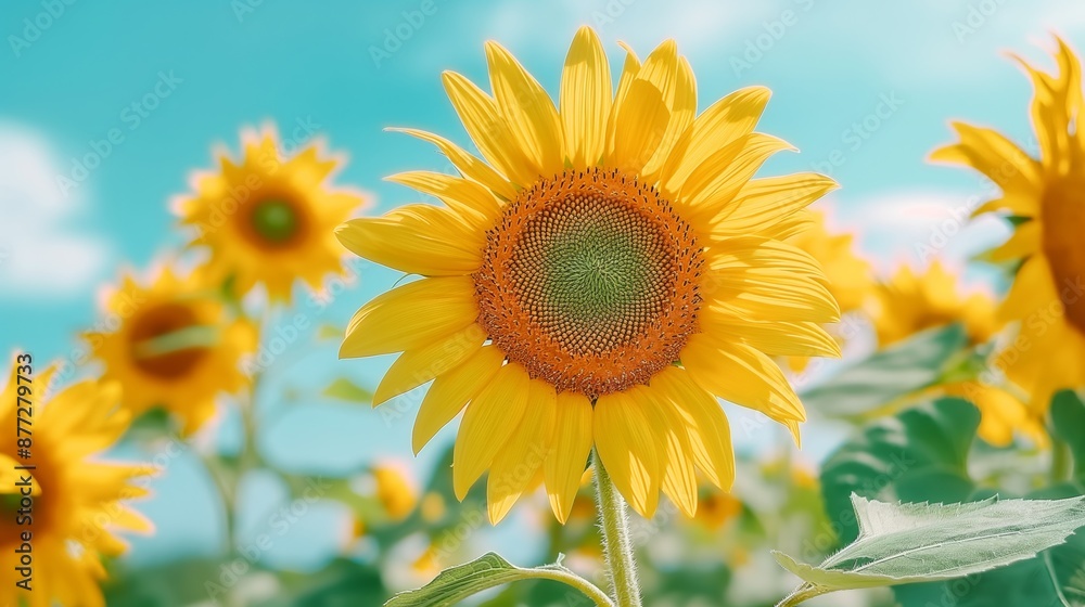 Fototapeta premium A single yellow sunflower is the center of a field of yellow flowers. The sunflower is surrounded by other sunflowers, creating a vibrant and cheerful scene