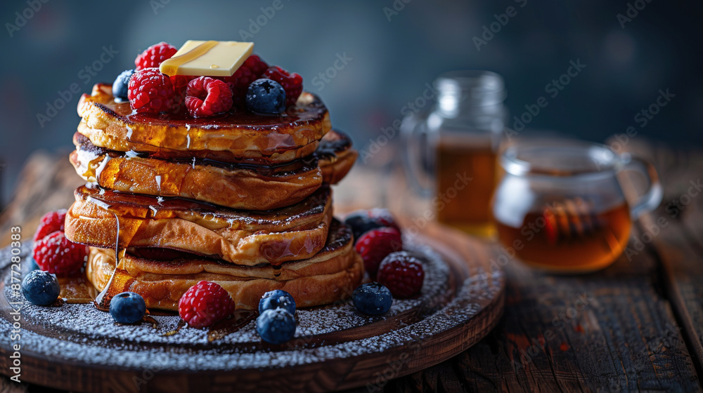 National French Toast Day concept. Delicious stack of French toast with fresh strawberries, blueberries, sugar dust, and honey. Food background. Copy space area for text National French Toast Day concept. Delicious stack of French toast with fresh strawberries, blueberries, sugar dust, and honey. Food background. Copy space area for text