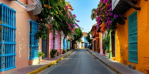 Colorful streets of Cartagena de Indias Colombia resemble a vibrant watercolor painting. Concept Travel, Photography, South America, Cartagena de Indias, Colombia