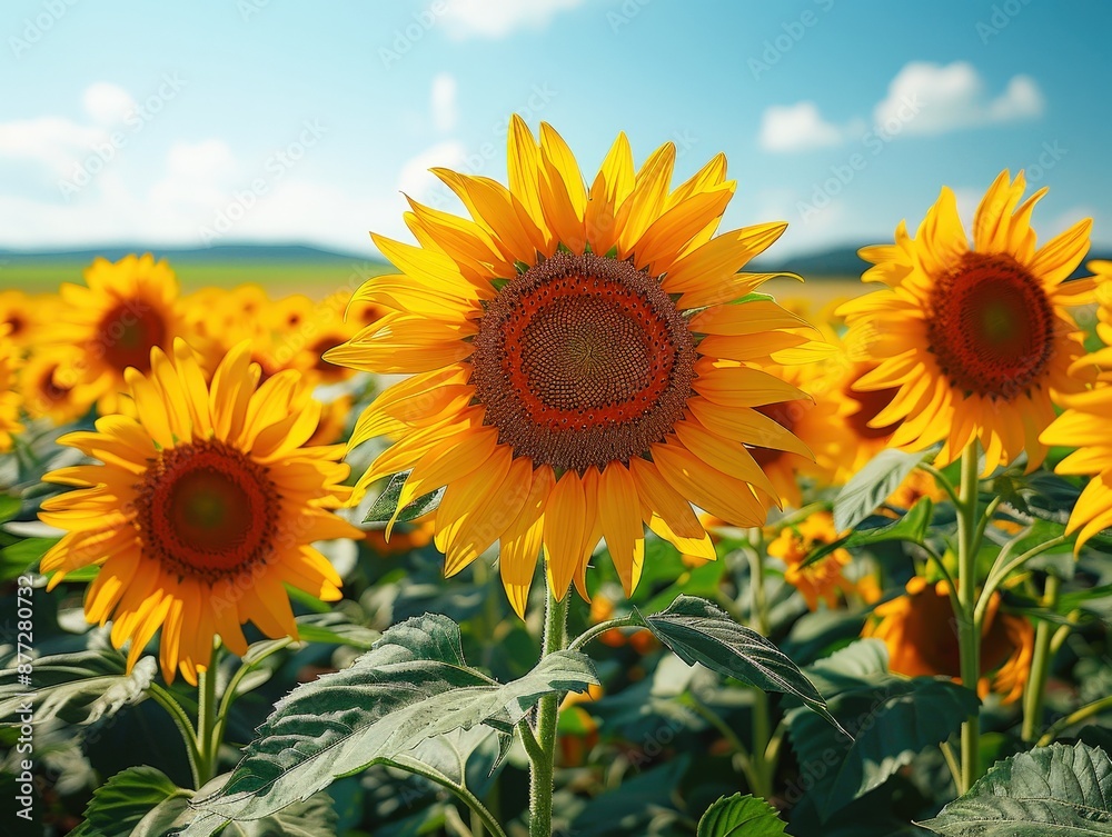 Fototapeta premium Sunflower field with blue sky in the background, summer time nature landscape. Closeup of sunflowers. Beautiful sunflower meadow, sunny day. Yellow flowers. Nature's beauty