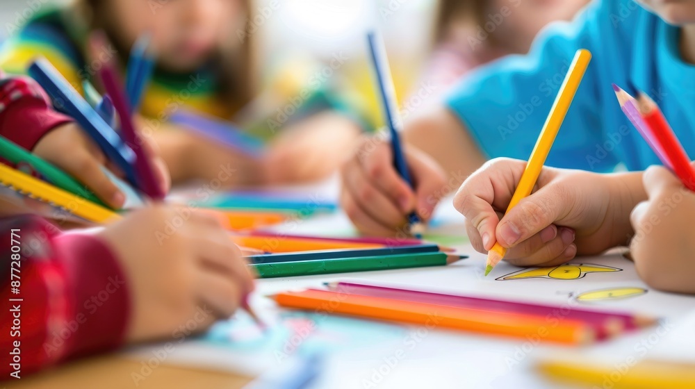 Children drawing and coloring in class Children drawing and coloring in class