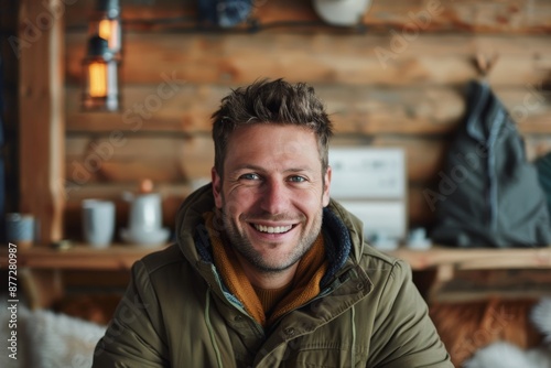 Portrait of a happy caucasian man in his 30s wearing a warm parka on scandinavian-style interior background © CogniLens