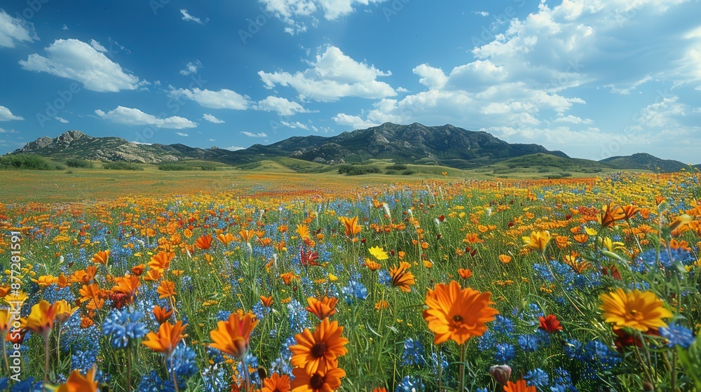 Serene Hillside Blanketed in Wildflowers Beneath Scattered Clouds Serene Hillside Blanketed in Wildflowers Beneath Scattered Clouds