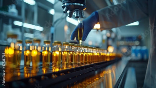 a row of medical test tubes in a modern laboratory, a doctors hand reaches for one of them,generative ai