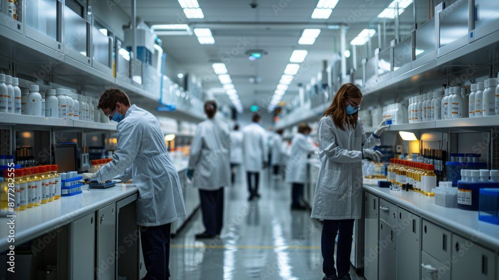 a pharmaceutical quality control laboratory, overhead lighting, scientists in lab coats,generative ai a pharmaceutical quality control laboratory, overhead lighting, scientists in lab coats,generative ai