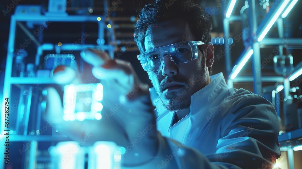 A scientist holding up an electronic chip in his hand A scientist holding up an electronic chip in his hand