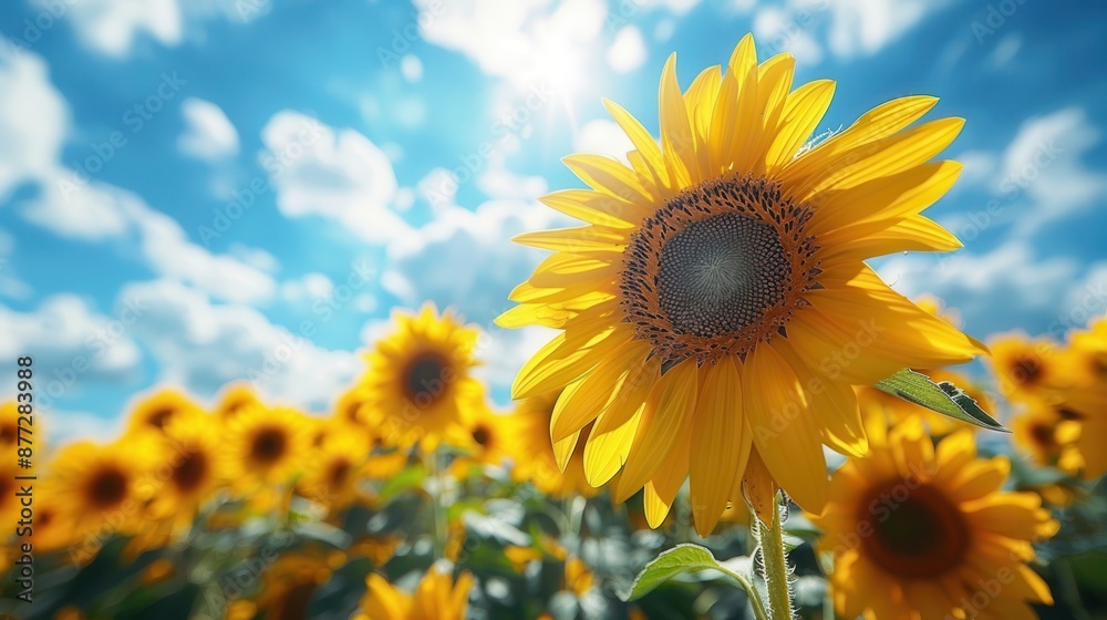 Fototapeta premium Majestic Sunflower Field Under Vibrant Sky with Fluffy White Clouds - Tranquil Nature Landscape Scene