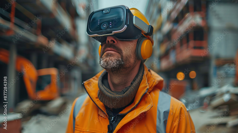 A civil engineer using VR technology to visualize the completed project while standing on the construction site. A civil engineer using VR technology to visualize the completed project while standing on the construction site.
