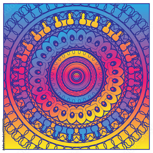 Concentric gradient pattern for bandana, neckerchief, tablecloth, decorative wall panel or other. Acid palette. Vector illustration