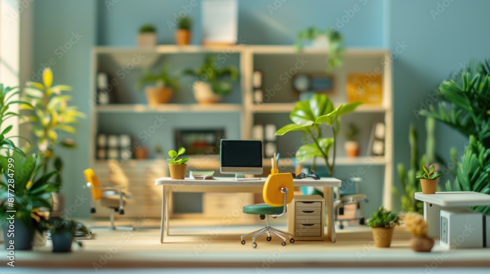 Miniature office with tiny plants and ergonomic chairs, with a copy space on a wall or desk
