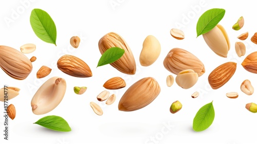 A bunch of nuts and leaves are flying through the air. The nuts are scattered all over the image, with some of them being almonds and others being cashews