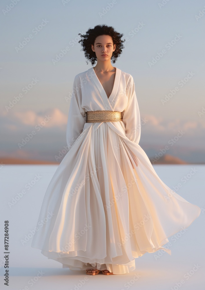 Young Woman in Elegant White Dress Posing Outdoors at Sunset with Graceful Expression Young Woman in Elegant White Dress Posing Outdoors at Sunset with Graceful Expression