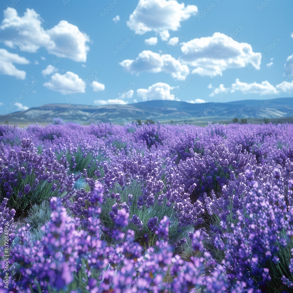 Naklejka premium Serene Lavender Field Under Clear Blue Sky with Scattered Clouds - Idyllic Countryside Landscape