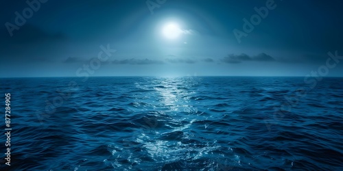 Ocean under moonlight vast and deep a canvas of midnight blue beauty. Concept Ocean Photography, Moonlit Scenery, Midnight Blue Aesthetics © Anastasiia