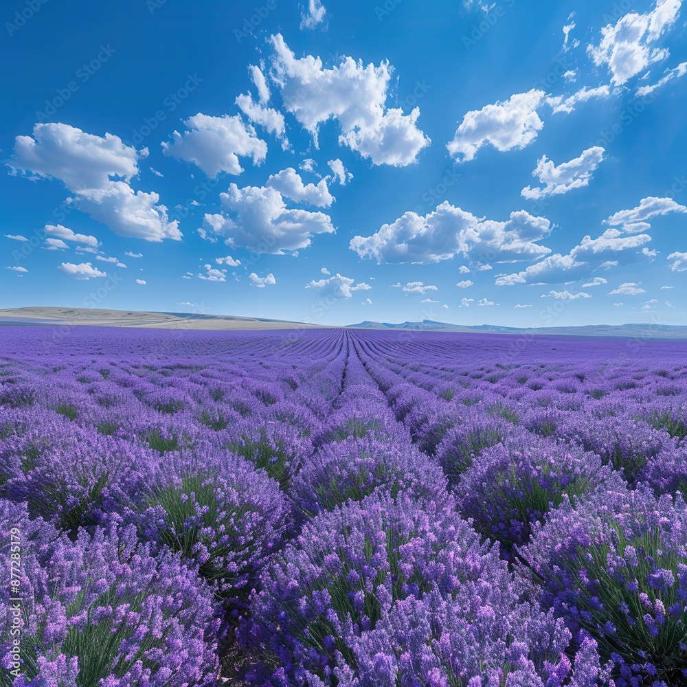 Naklejka premium Serene Lavender Field Under Clear Blue Sky with Scattered Clouds - Idyllic Rural Landscape Photography