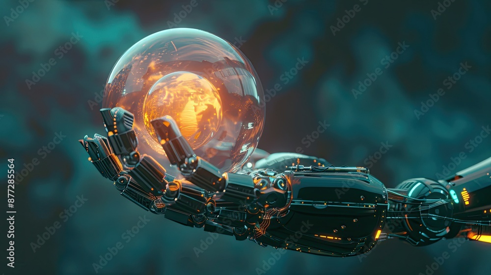 Cyborg hand holding a round element, showcasing artificial intelligence and digital technology, with copy space Cyborg hand holding a round element, showcasing artificial intelligence and digital technology, with copy space