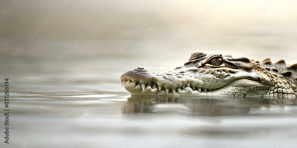 Fototapeta premium Artistic image of Nile crocodile in water jaws open scales visible. Concept Wildlife Photography, Reptiles, Animal Behavior, Nature Close-Up, Aquatic Ecosystems