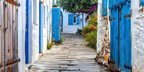 Narrow wooden pathway winding through old Mediterranean houses with blue doors and windows. Concept Architecture, Mediterranean, Blue Doors, Wooden Pathway, Old Houses