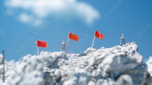 Tiny figures placing flags on a miniature mountain, with a copy space in the sky or ground photo