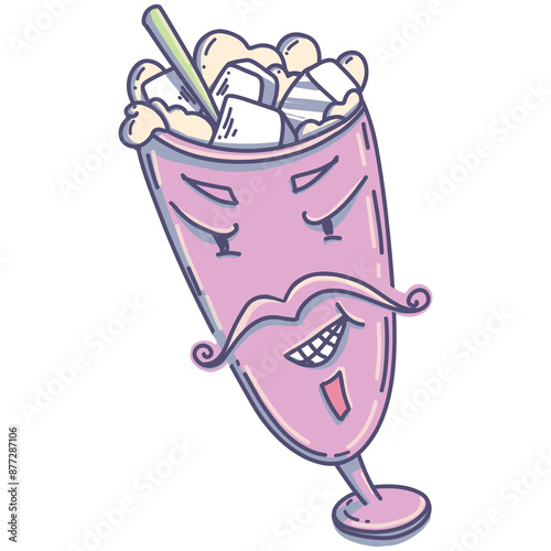 Illustration of summer drinks and ice cream in different glasses with emotions on them. Gold drink to go. Drink character.