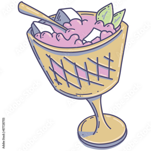 Illustration of summer drinks and ice cream in different glasses with emotions on them. Gold drink to go. Drink character.