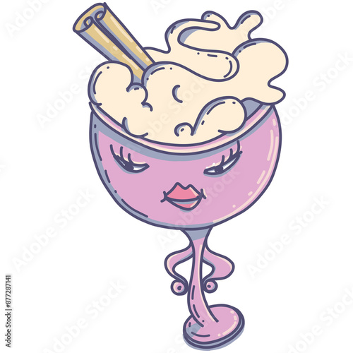 Illustration of summer drinks and ice cream in different glasses with emotions on them. Gold drink to go. Drink character.