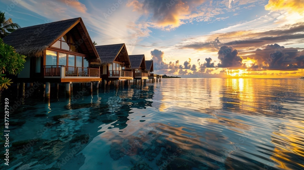 Fototapeta premium Serene Maldives overwater bungalows at sunset