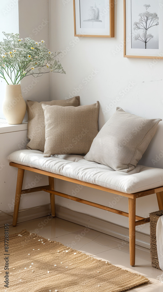 Obraz premium Cozy Bench Seating with Beige Pillows and Minimalist Frames in Bright Interior for Modern Home Decor Inspiration