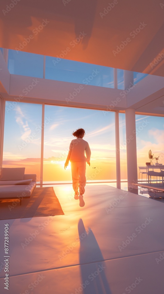 Woman Enjoying a Serene Sunset in a Modern Luxury Homes Spacious Living Room Woman Enjoying a Serene Sunset in a Modern Luxury Homes Spacious Living Room