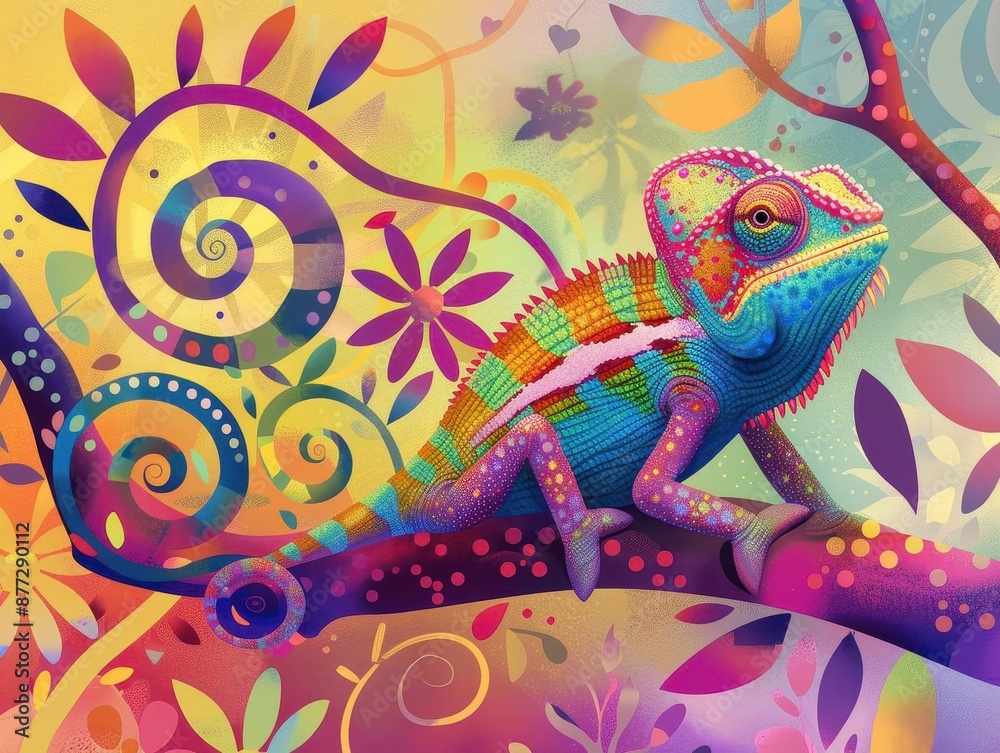 Obraz premium a vibrant chameleon with cartoonish features perched on a colorful banner its eyes wide and playful pastel background with swirling patterns