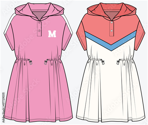 DROP SHOULDER HOODED SPORTY DRESS WITH ELASTICATED TOGGLE WAIST DETAIL DESIGNED FOR TEEN AND KID GIRLS IN VECTOR ILLUSTRATION FILE