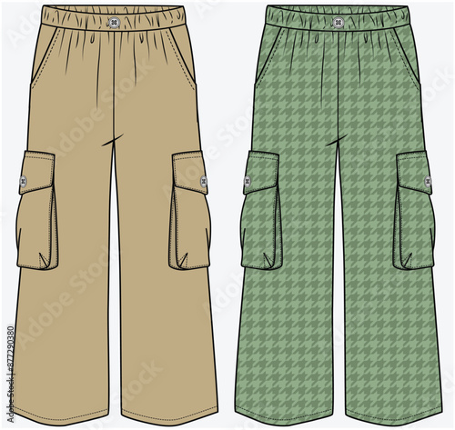 UTILITY CARGO POCKET DETAIL WIDE LEG TROUSER FASHION FLAT DESIGNED FOR TEEN GIRLS AND KID GIRLS IN VECTOR FILE