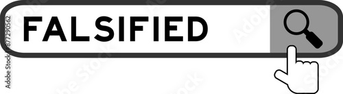 Search banner in word falsified with hand over magnifier icon on white background